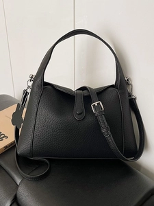 Vintage black lychee pattern leather underarm bag with Lindy style and cute bear charm