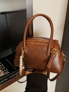 Vintage PU Leather Bowling Bag For Women With Wood Bead Pendant Chic Commuter Shoulder Handbag And Crossbody Boston Bag