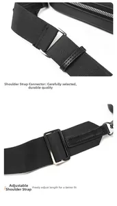 Detail of adjustable black nylon shoulder strap with matte black metal buckle and link