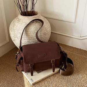 Women Minimalist Suede Texture PU Leather Crossbody Bag Vintage Square Shoulder Bag Commuter Messenger Bag With Wide Strap