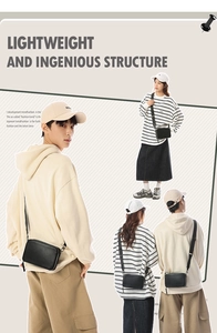 Collage of male and female models wearing the black crossbody mini camera bag