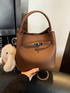 Women Urban Minimalist PU Leather Bucket Bag Lychee Pattern Stitching Crossbody Shoulder Bag With Furry Rabbit Charm Retro Handbag