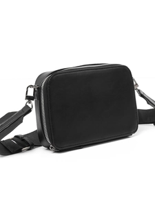 2025 Casual black matte square messenger bag with wide nylon strap and silver zipper