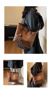 Women large capacity patchwork tote bag, stylish frosted shoulder bag for winter daily use.