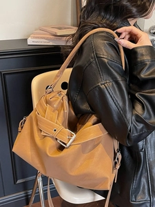 Vintage Women Large Capacity PU Leather Tote Bag Contrast Stitching Belt Buckle Decor Shoulder Bag Elegant Daily Commute Handbag