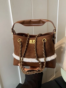 Women Retro Spliced PU Suede Shoulder Bag With Plush Trim Quilted Chain Large Capacity Commuting Crossbody Handbag