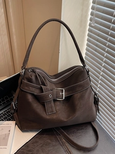 Large vintage coffee brown hobo tote bag with white contrast stitching and shoulder strap