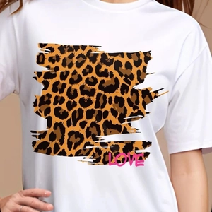 T-Shirt Vintage Imprimé Léopard Love pour Femmes 100% Coton Manches Courtes Col Rond Coupe Ample Décontracté Été