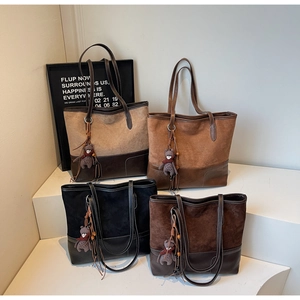 Winter suede patchwork large capacity tote bag with cute bear pendant for women stylish.
