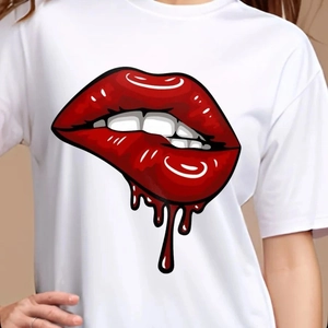 Women 100 Cotton T-Shirt Graphic Printed Red Lips Pop Art Round Neck Short Sleeve Loose Casual Summer Fashion Tee Top