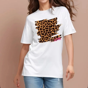 T-shirt vintage en coton blanc avec motif léopard et texte LOVE rose pour femme