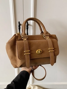 Vintage brown PU leather Boston handbag with gold turn-lock and adjustable shoulder strap