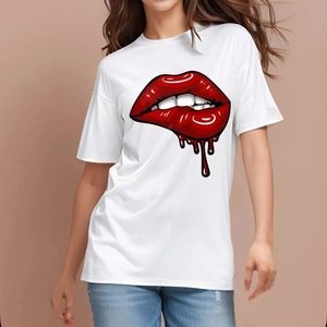 White cotton t-shirt with red lip print and liquid drop effect in loose fit cut