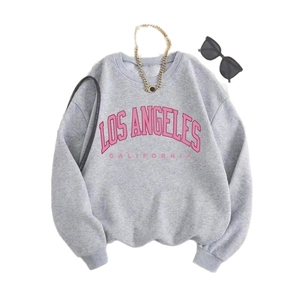 Sweat-shirt gris à col rond avec imprimé Los Angeles rose et épaules tombantes
