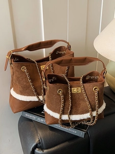 Brown suede tote bag set with quilted leather, chain strap, and white faux fur trim decor