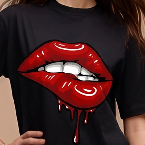 Cotton loose fit black T-shirt featuring a stylish red biting lip with liquid drip print