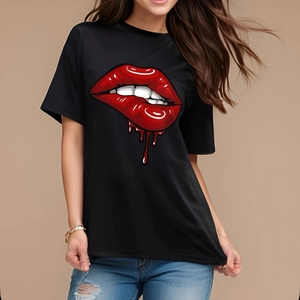 Close-up of black cotton T-shirt featuring a trendy red biting lip graphic print