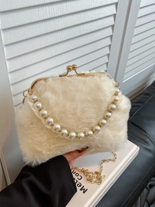 Sac à Main en Fausse Fourrure pour Femmes Avec Grande Poignée en Künstliche Perle Fermoir Baiser Vintage Chaîne en Métal Bandoulière Élégant