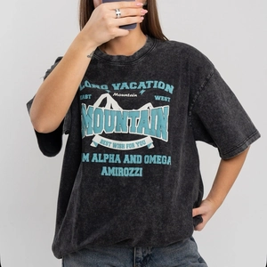 Women's Pure Cotton Acid Washed T-Shirt Oversized Distressed Mountain Printed Short Sleeve American Street Style Casual Top
