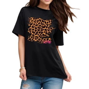 T-shirt vintage en coton noir avec imprimé léopard et inscription rose love pour femme