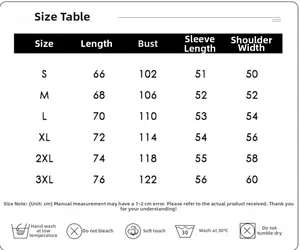 Detailed cotton long sleeve t-shirt size chart with measurements from S to 3XL in CM