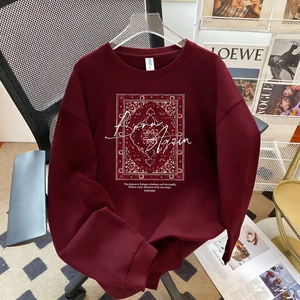 Women Vintage Cotton Long Sleeve T-Shirt Loose Fit Wine Red Printed Graphic Top Born Again Letter Print Casual Sweatshirt