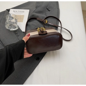 Detail einer Vintage Mini Box-Tasche in Braun und Weiß mit Goldkette und Trageriemen