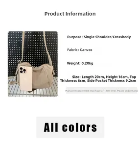 Detailed dimension guide for the canvas crossbody bag showing size 20x16x6cm with phone scale