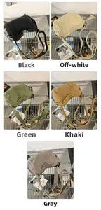 Multiple casual canvas crossbody bags shown in black, beige, green, khaki, and gray colors