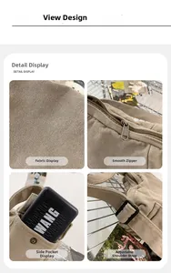 Detail view of khaki canvas texture, metal zipper, side pocket, and adjustable strap