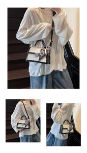 Detail of crossbody bag with woven texture, leather trim and heart silk scarf decoration