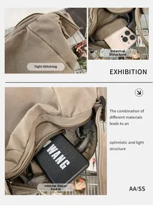 Detail of khaki canvas bag showing tight stitching and internal multi-layer storage compartments