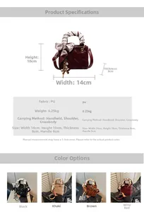 Mini PU tote bag size guide with 14x10x8cm dimensions and adjustable shoulder strap details