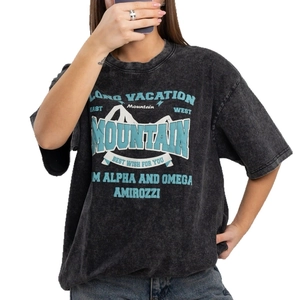Oversized washed black hip-hop t-shirt featuring a retro mountain graphic print
