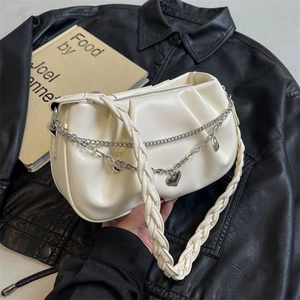 Chic off-white pleated cloud bag with woven strap and silver heart chain detail