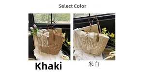 Detail of hand-woven straw tote bags in khaki and beige with rose lace bows