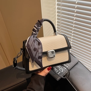 Fashion PU Leather Woven Texture Crossbody Bag For Women Contrast Color Flap Square Handbag With Silk Scarf Decor Metal Buckle