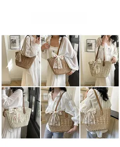 Detail of woven straw tote bag with floral lace bow and leather shoulder straps