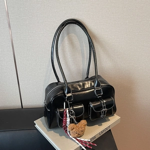 Black PU leather hobo bag with front buckle pockets and contrast white stitching details