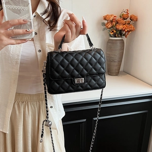Elegant black quilted chain bag with silver lock, hand-held by model in warm setting