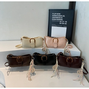 Detailed view of five stylish underarm bags in cream, pink, coffee, black, and burgundy colors
