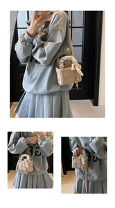Beige quilted handbag shown in multiple ways including crossbody and hand-carried style