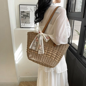 Women Woven Straw Bucket Bag With Lace Flower Embroidery Ribbon Bow Contrast PU Leather Shoulder Strap Large Capacity Beach Tote