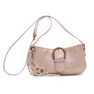 Pink minimalist baguette bag with vintage bronze buckle and pretzel pendant charm