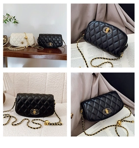 Détail du sac à bandoulière en cuir matelassé avec chaîne dorée et fermoir ovale