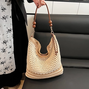 Women Hollow Handwoven Straw Shoulder Bag Vintage Vacation Hobo Bag Large Capacity Underarm Bag Wood Beads Faux Leather Strap