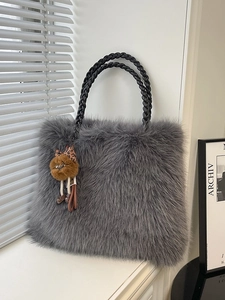 Women Faux Fur Tote Bag Chic Woven Handles Autumn Winter Furry Shoulder Bag Large Capacity Handbag With Plush Pendant