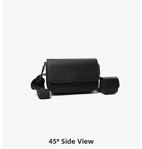 45-degree side view of black Saffiano PU leather messenger bag with detachable pouch