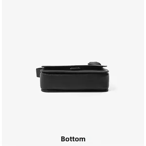 Macro detail of a black PU leather crossbody bag featuring classic Saffiano texture bottom