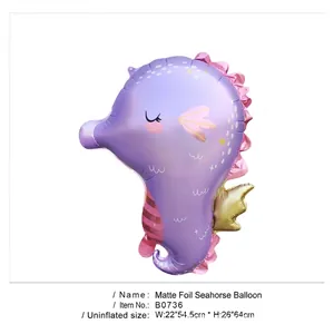 Detail view of uninflated purple matte seahorse balloon with gold accents 54.5x64cm